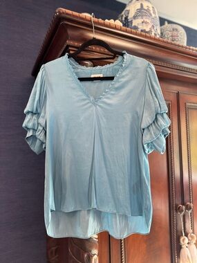 Zadig & Voltaire Powder Blue V-Neck Ruffle silk  Sleeve Blouse